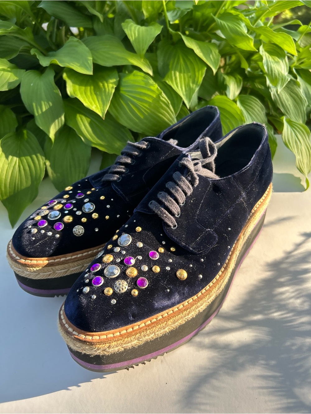 PRADA Velvet Platform Oxford Espadrille Embellished Crystals Shoes Size 40